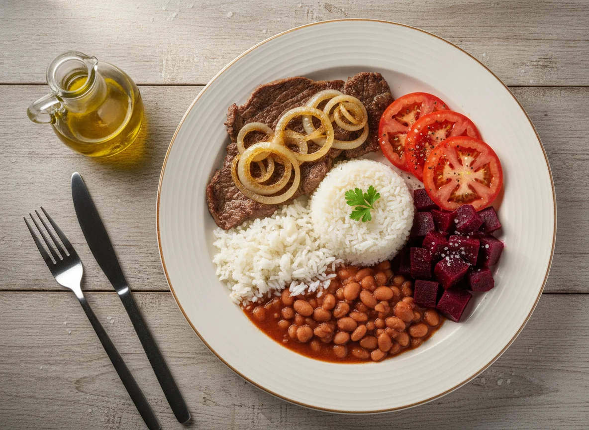 Prato feito brasileiro com bife, arroz, feijão, beterraba e salada de tomate photo