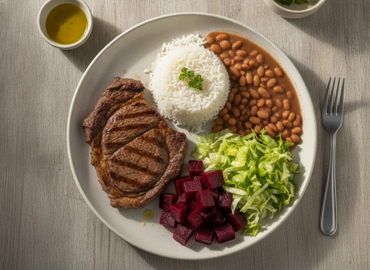 Prato feito brasileiro com bife, arroz, feijão, beterraba e salada photo