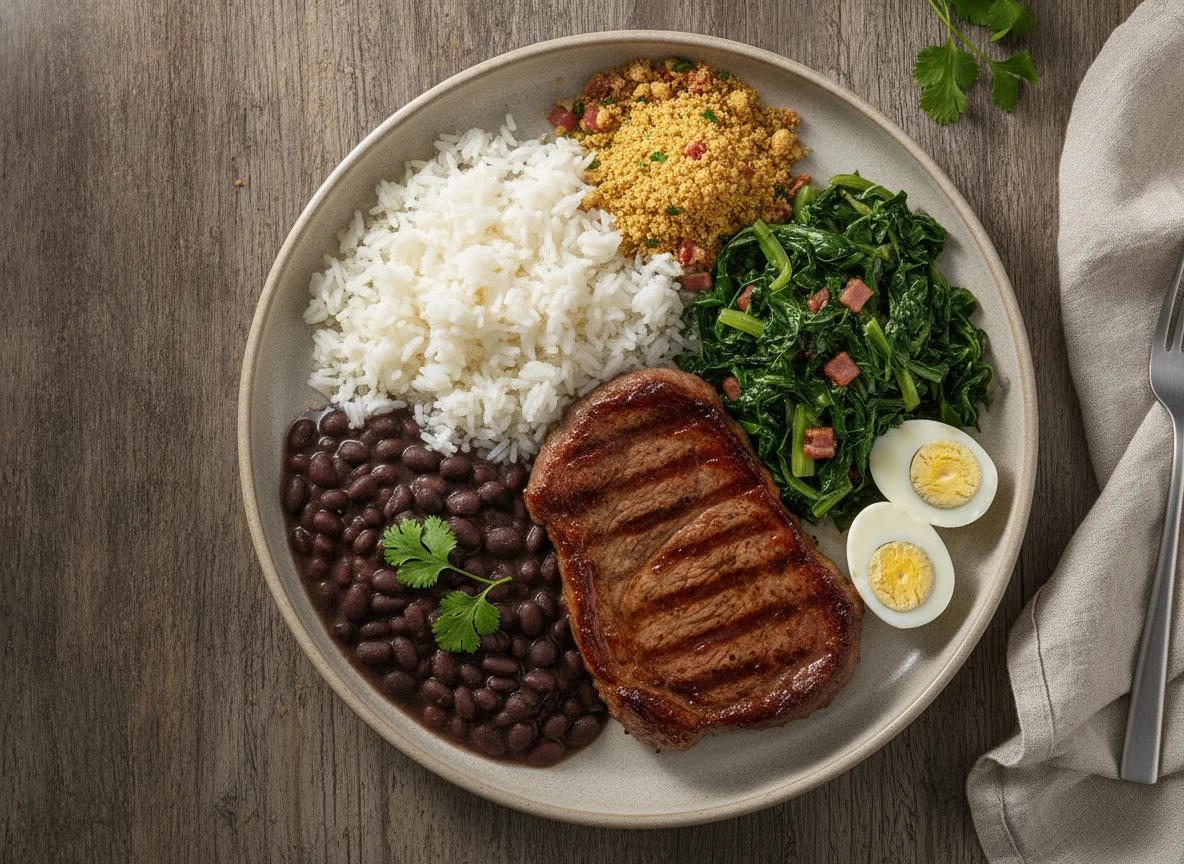 Prato feito brasileiro com bife, arroz, feijão, couve e ovos de codorna photo