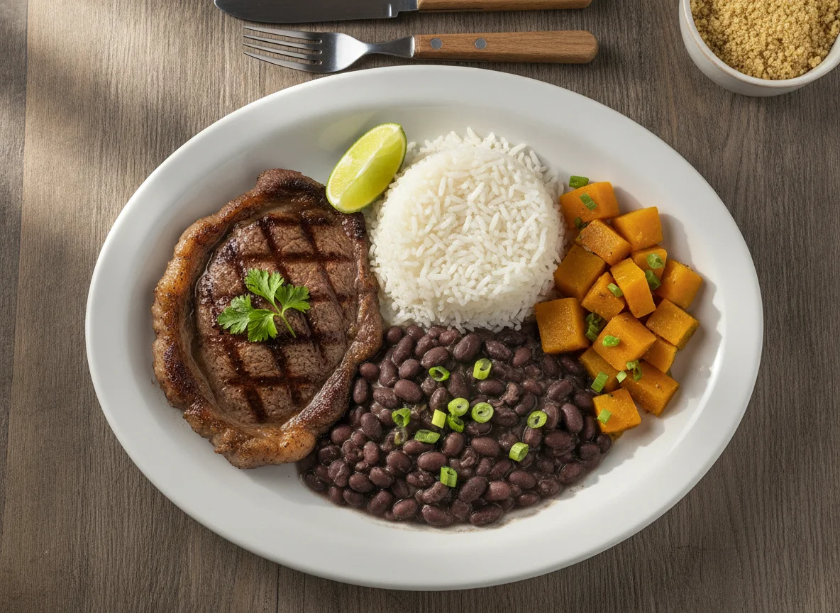 Prato Feito Brasileiro com Bife, Arroz, Feijão e Abóbora photo