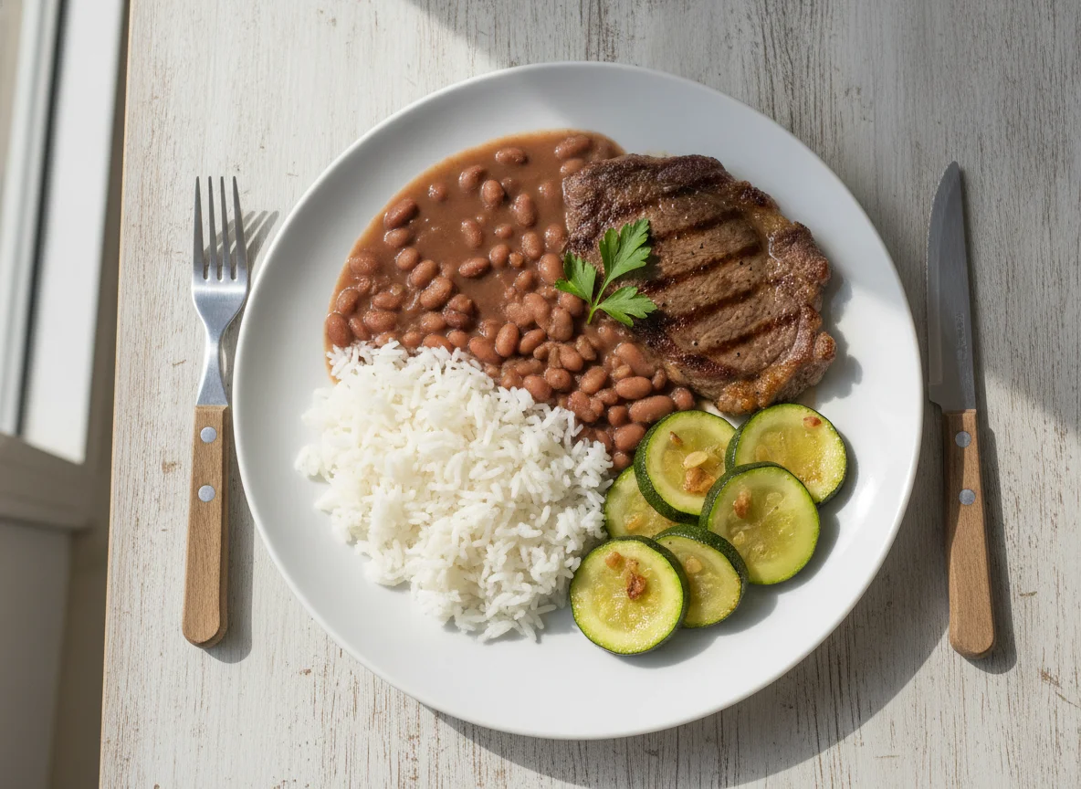 Prato feito brasileiro com bife, arroz, feijão e abobrinha photo