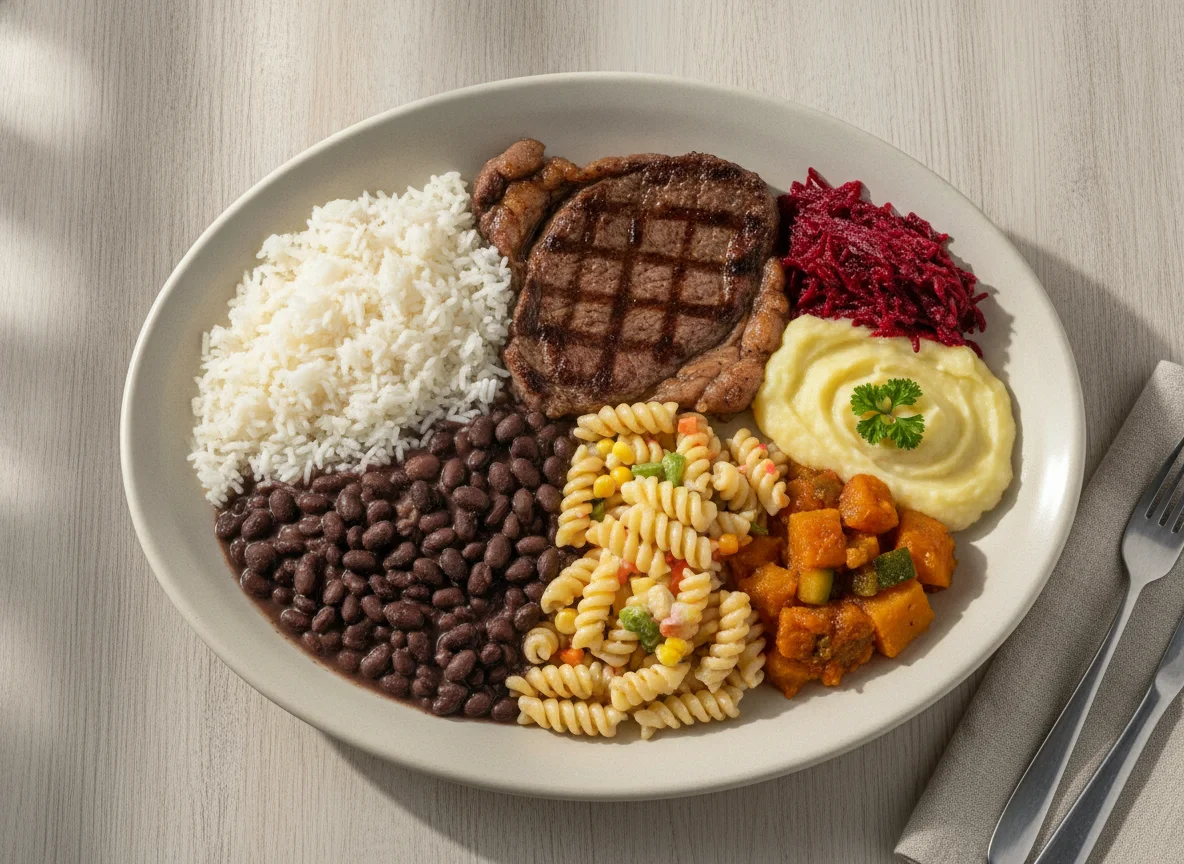 Prato Feito Brasileiro com Bife, Arroz, Feijão e Acompanhamentos photo