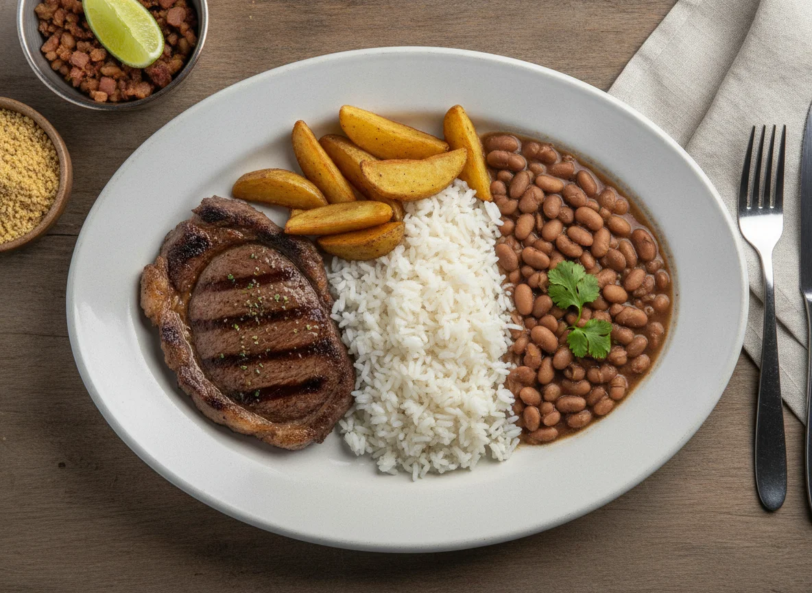 Prato feito brasileiro com bife, arroz, feijão e batatas photo