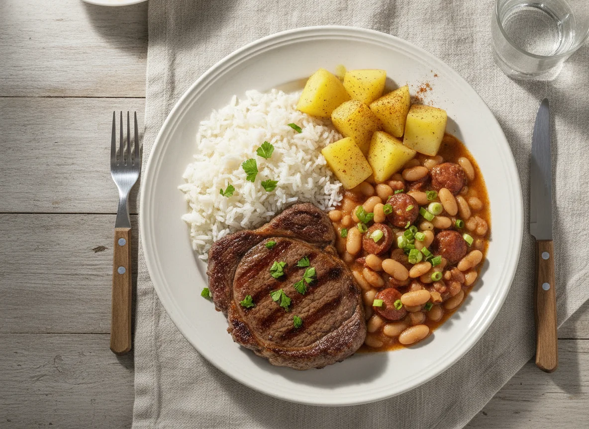 Prato feito brasileiro com bife, arroz, feijão e batata photo