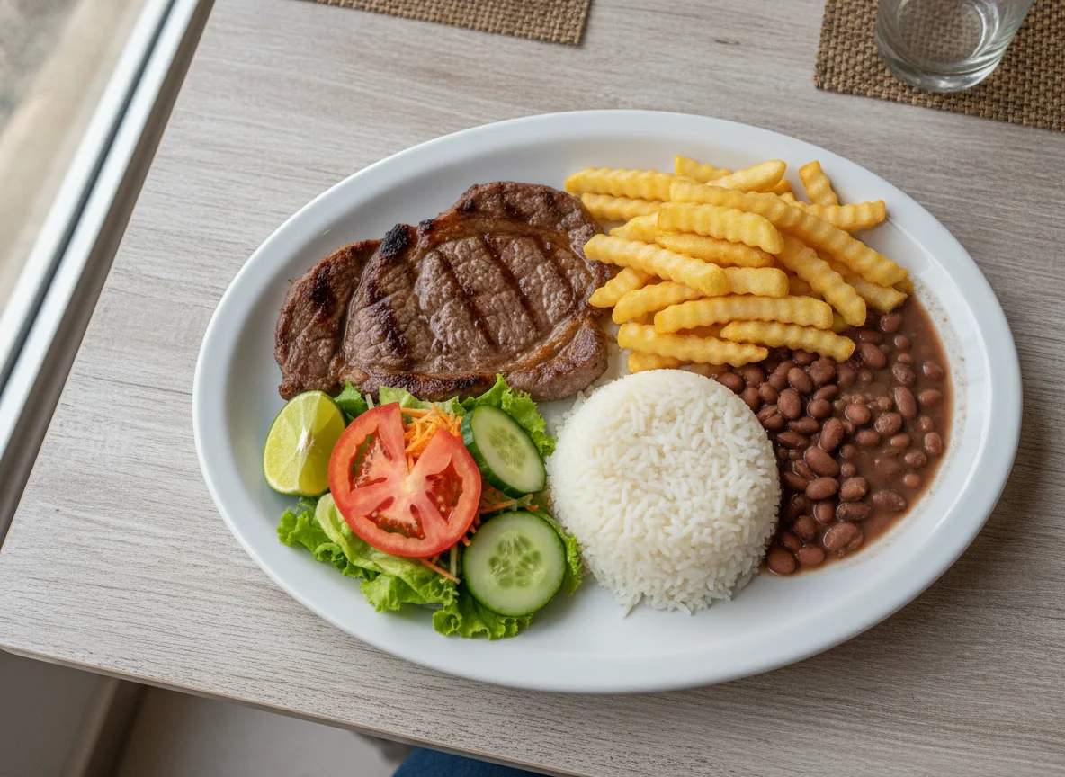 Prato Feito Brasileiro com Bife, Arroz, Feijão e Batata Frita photo