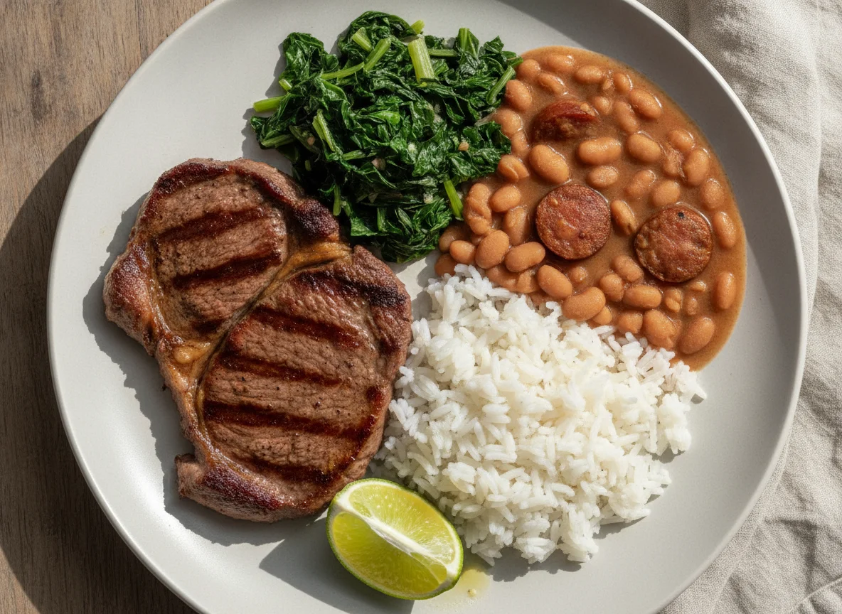 Prato feito brasileiro com bife, arroz, feijão e couve photo