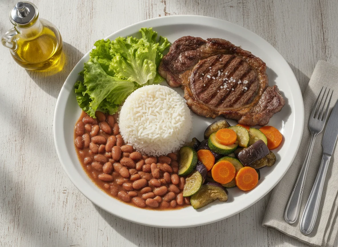 Prato Feito Brasileiro com Bife, Arroz, Feijão e Legumes photo