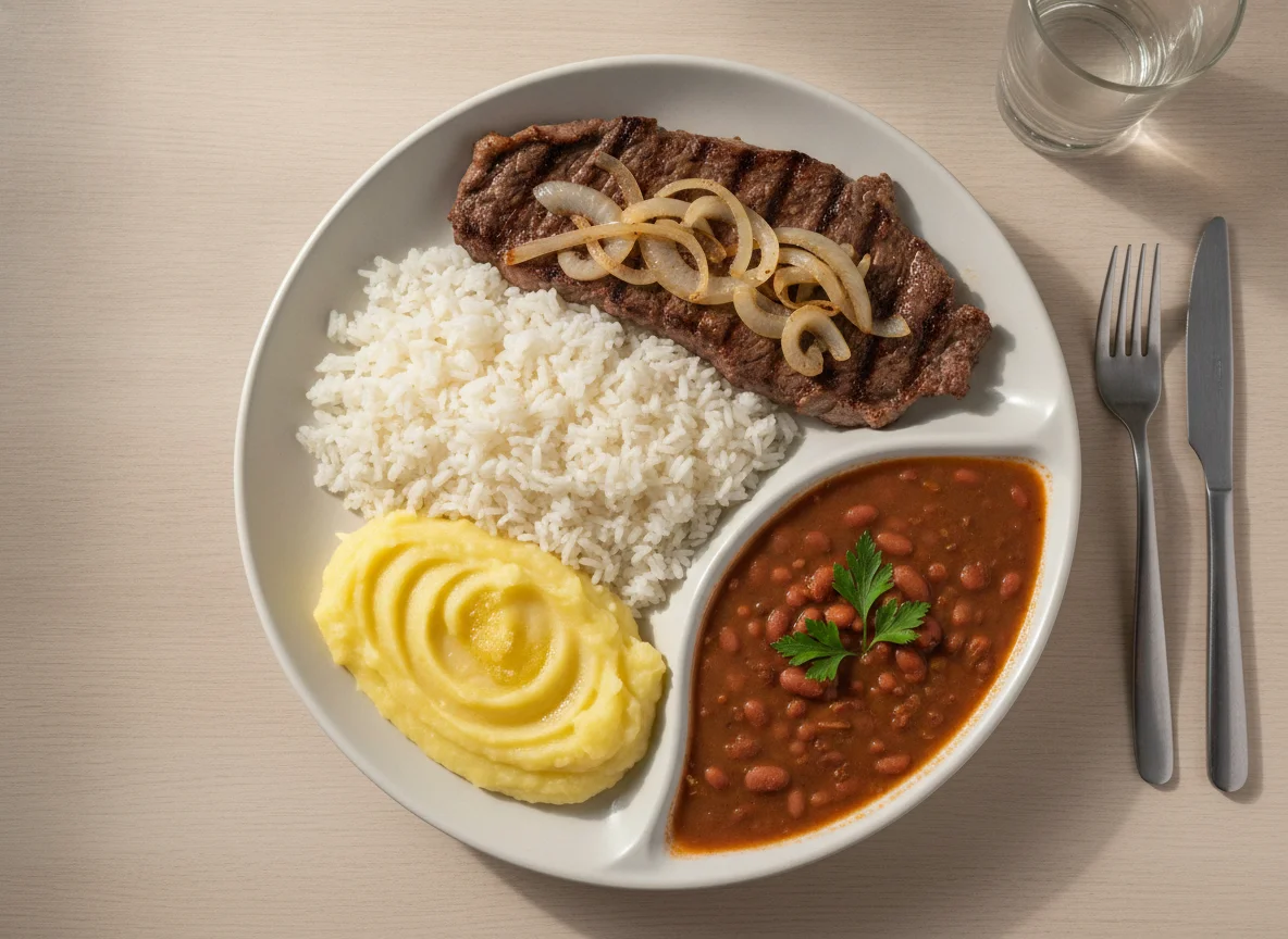 Prato feito brasileiro com bife, arroz, feijão e purê photo