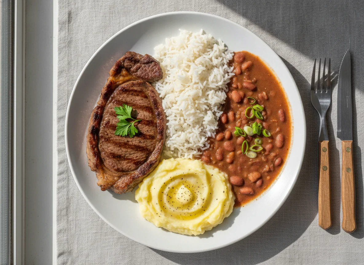 Prato feito brasileiro com bife, arroz, feijão e purê de batata photo
