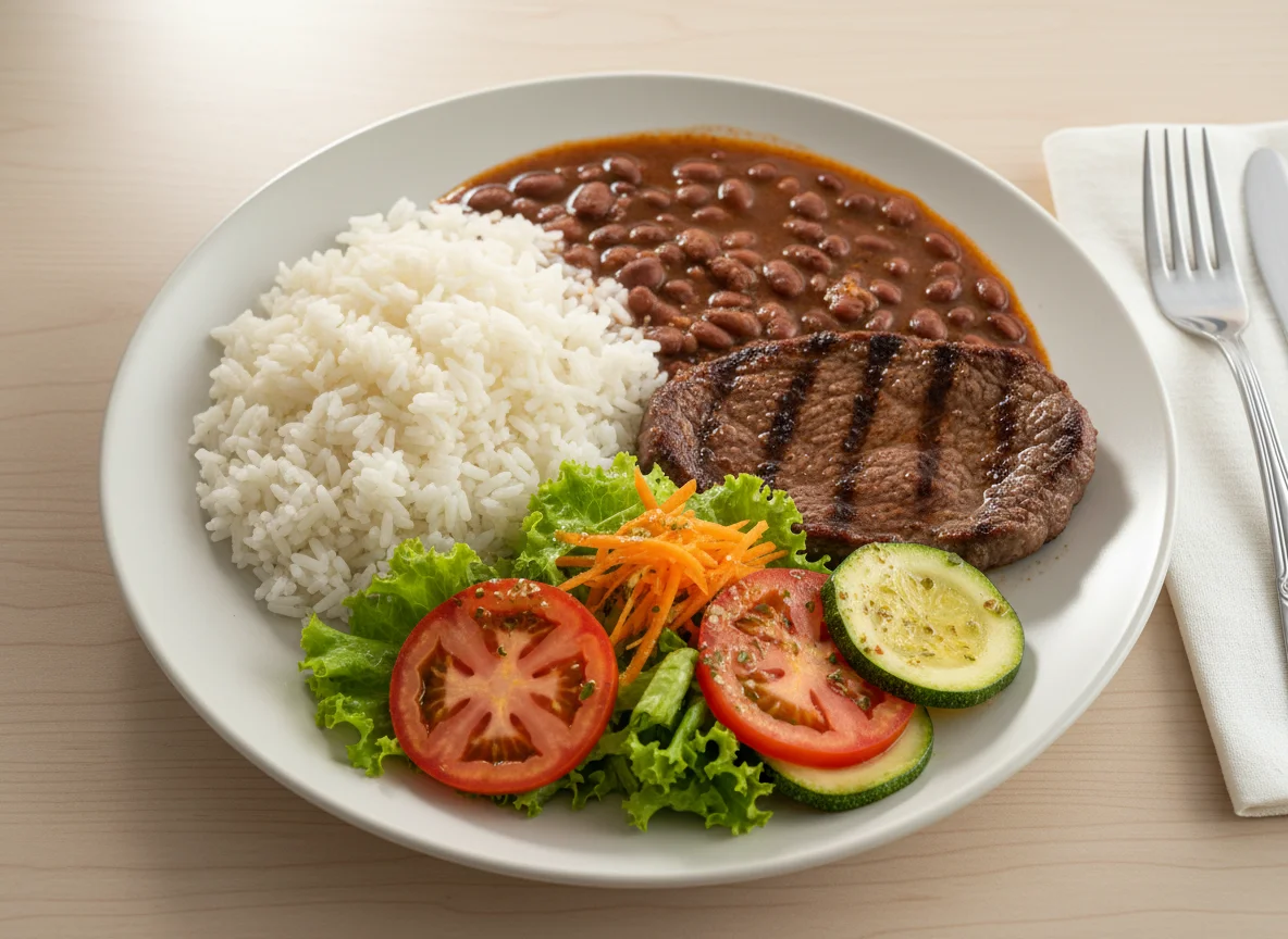 Prato feito brasileiro com bife, arroz, feijão e saladas photo