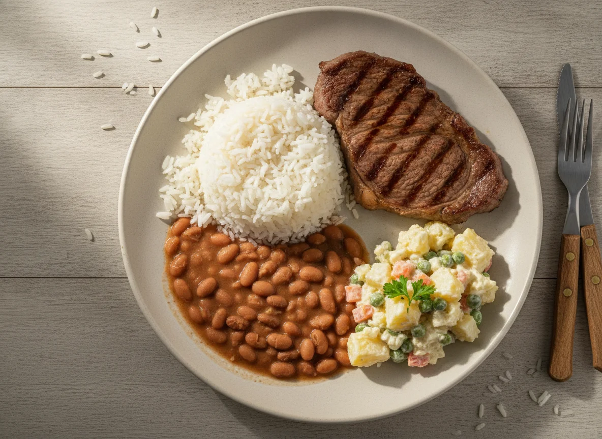 Prato feito brasileiro com bife, arroz, feijão e salada de maionese photo