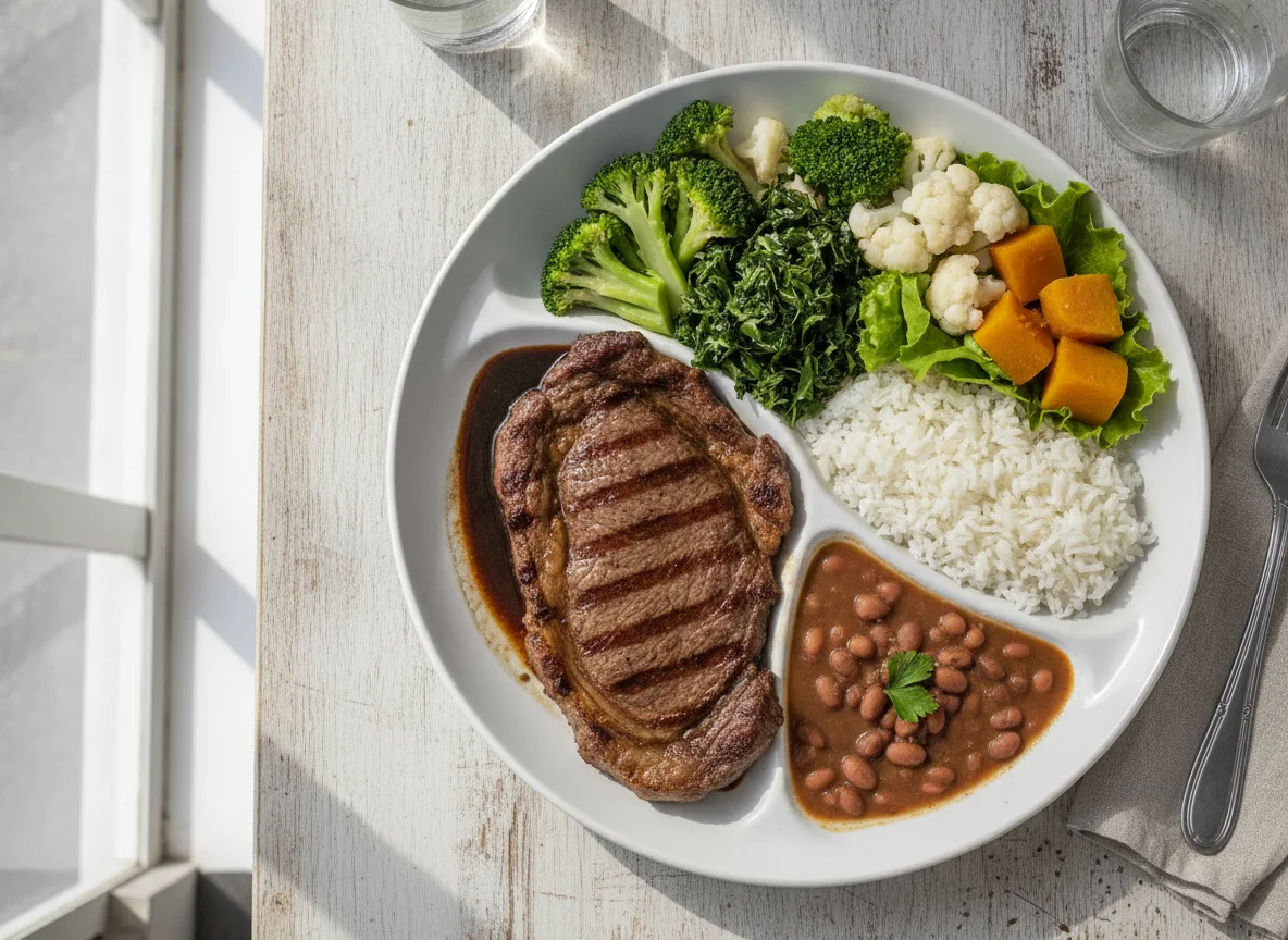 Prato feito brasileiro com bife, arroz, feijão e salada mista photo