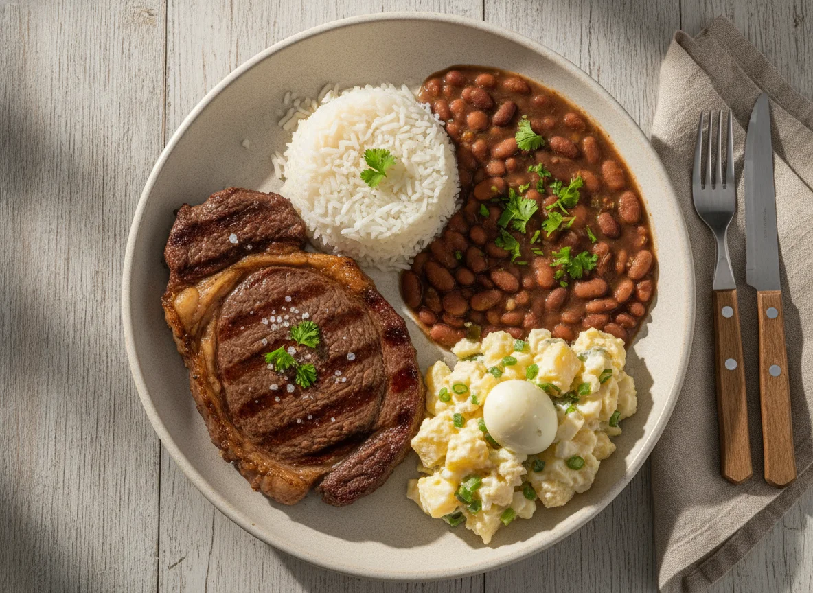 Prato feito brasileiro com bife, arroz, feijão e salada de batata photo