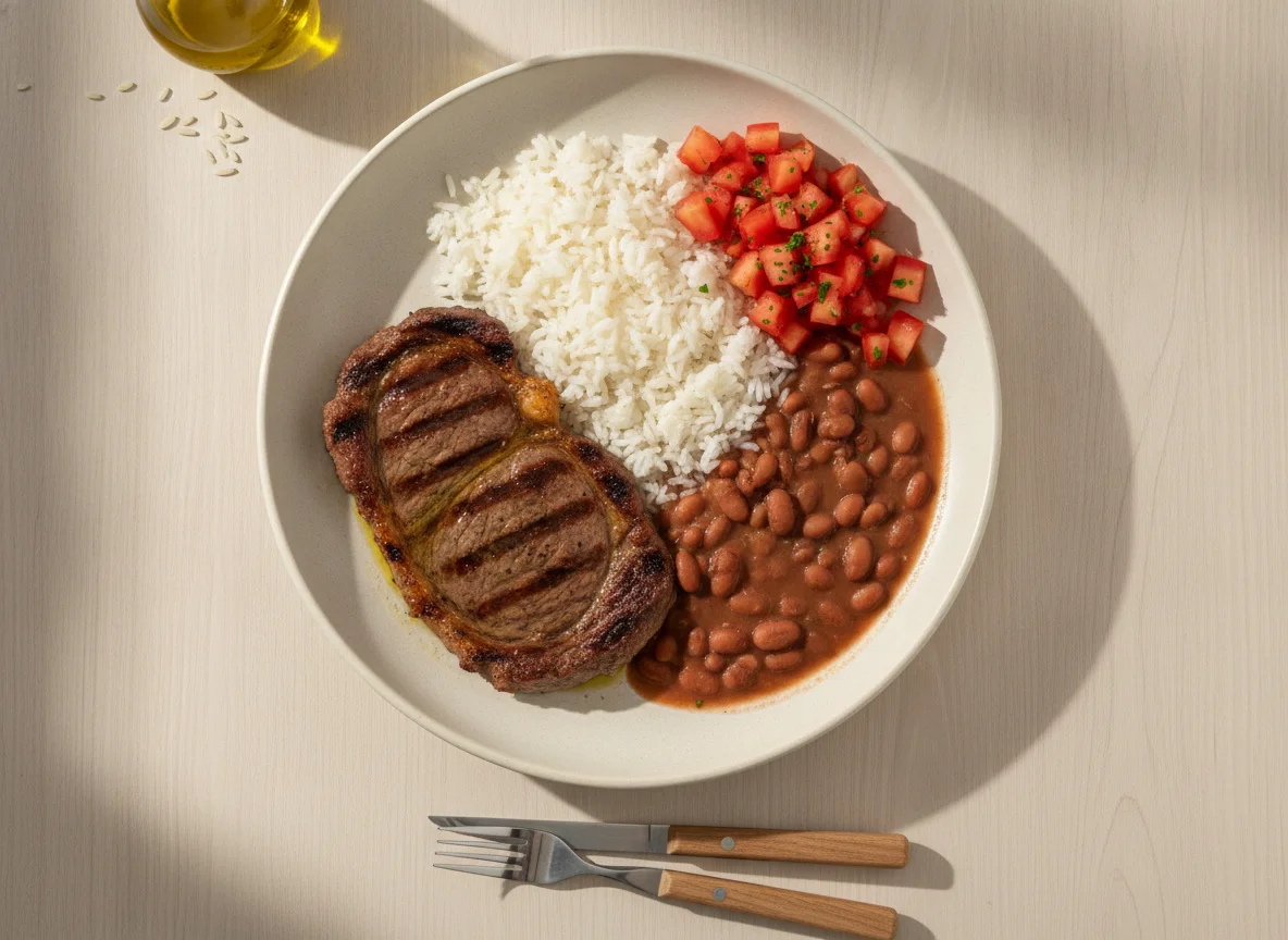 Prato feito brasileiro com bife, arroz, feijão e salada de tomate photo