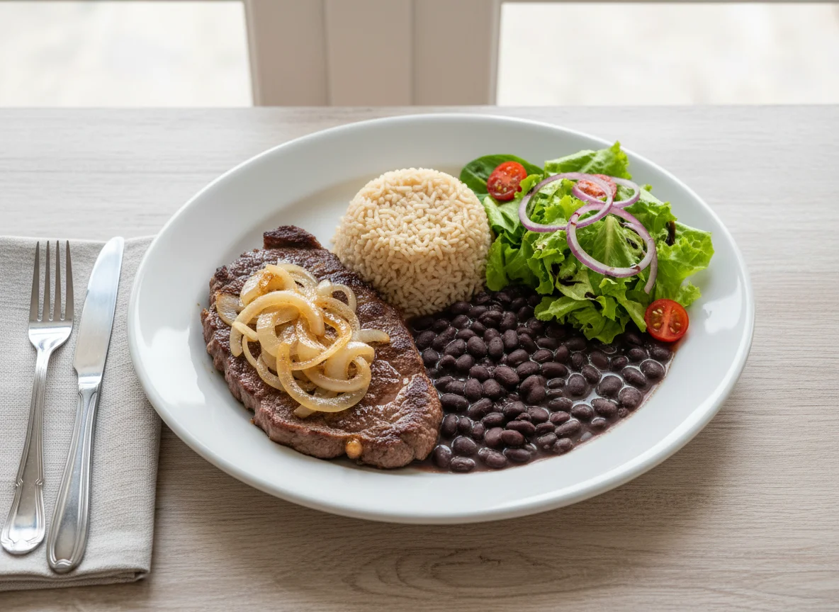 Prato feito brasileiro com bife, arroz, feijão e salada photo