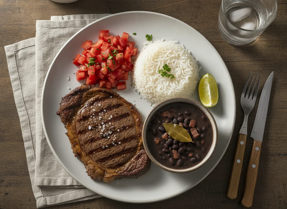 Prato feito brasileiro com bife, arroz, feijão e tomate photo