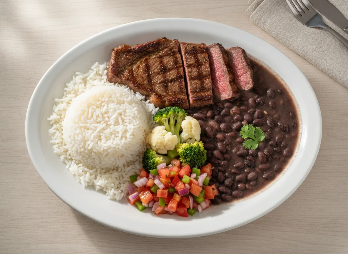 Prato Feito Brasileiro com Bife, Arroz, Feijão e Vegetais photo