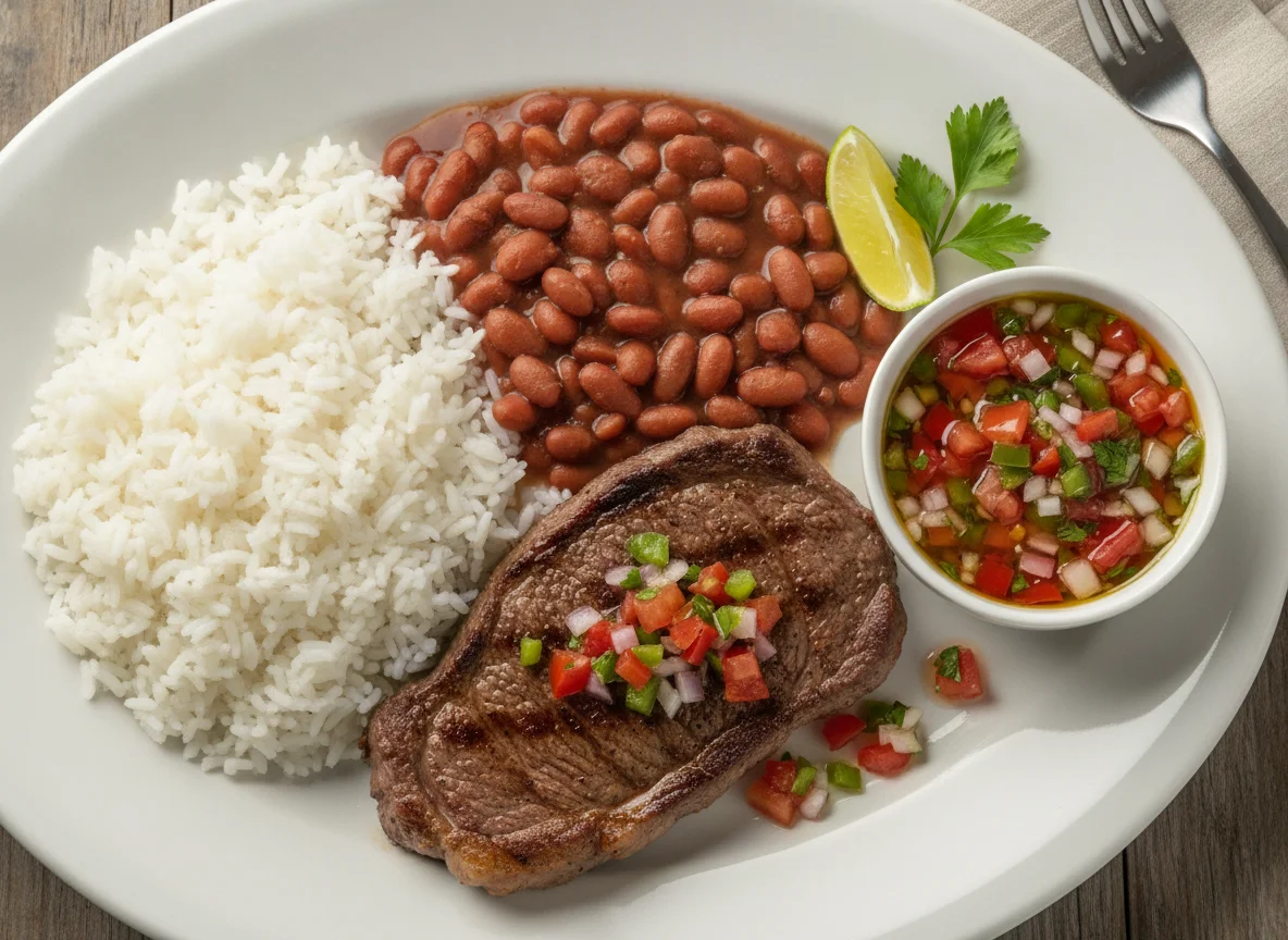 Prato feito brasileiro com bife, arroz, feijão e vinagrete photo