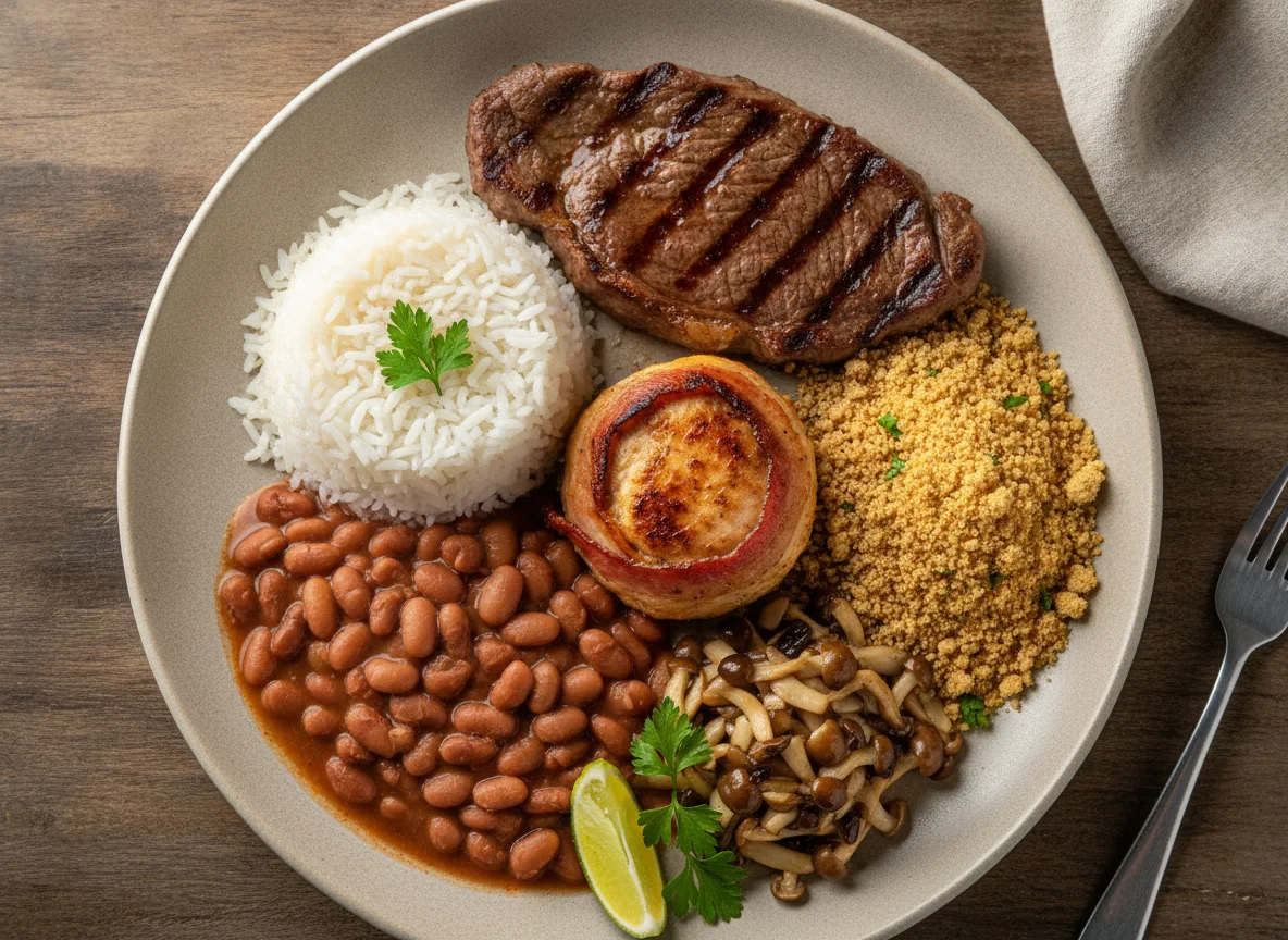 Prato Feito Brasileiro com Bife, Arroz, Feijão, Farofa e Medalhão photo