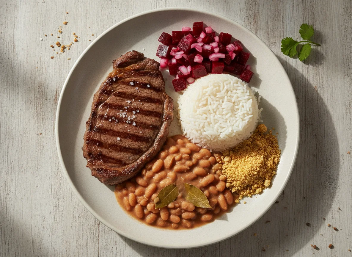 Prato feito brasileiro com bife, arroz, feijão, farofa e beterraba photo