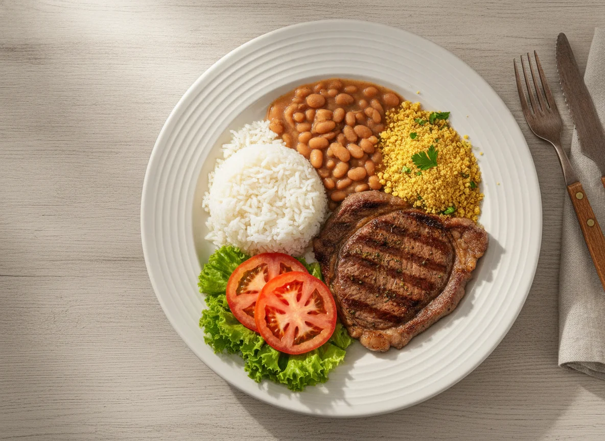 Prato feito brasileiro com bife, arroz, feijão, farofa e salada photo
