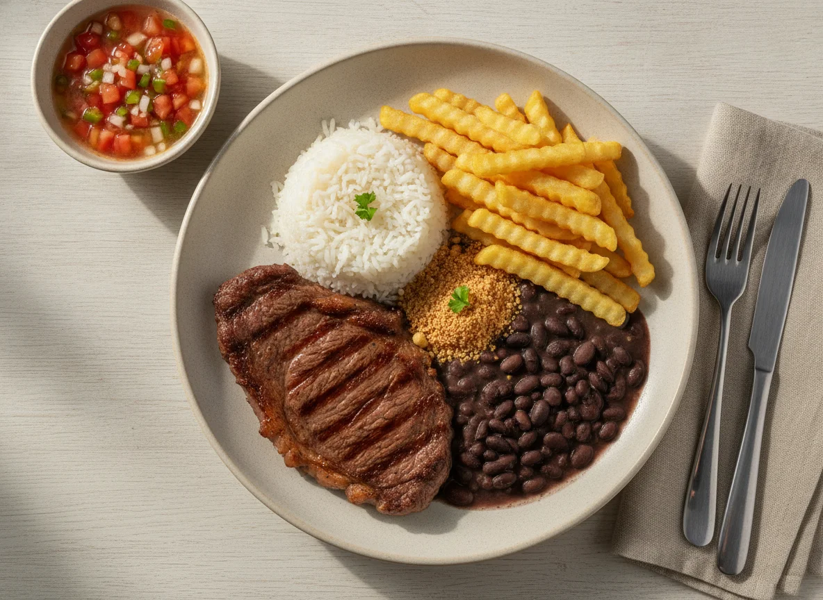Prato Feito Brasileiro com Bife, Arroz, Feijão, Farofa e Batata Frita photo