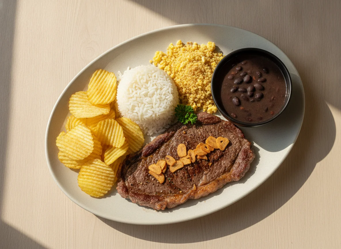 Prato Feito Brasileiro com Bife, Arroz, Feijão, Farofa e Batata Chips photo
