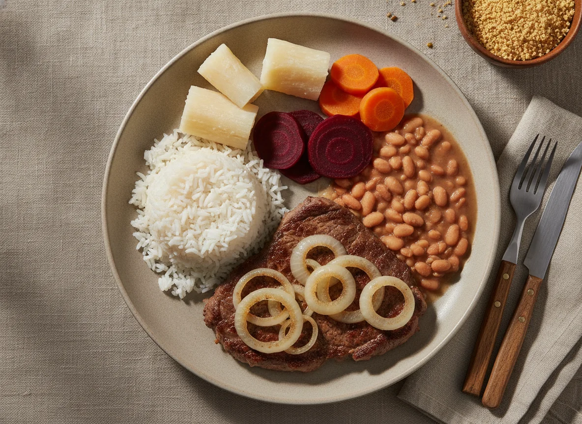 Prato feito brasileiro com bife, arroz, feijão, mandioca, beterraba e cenoura photo