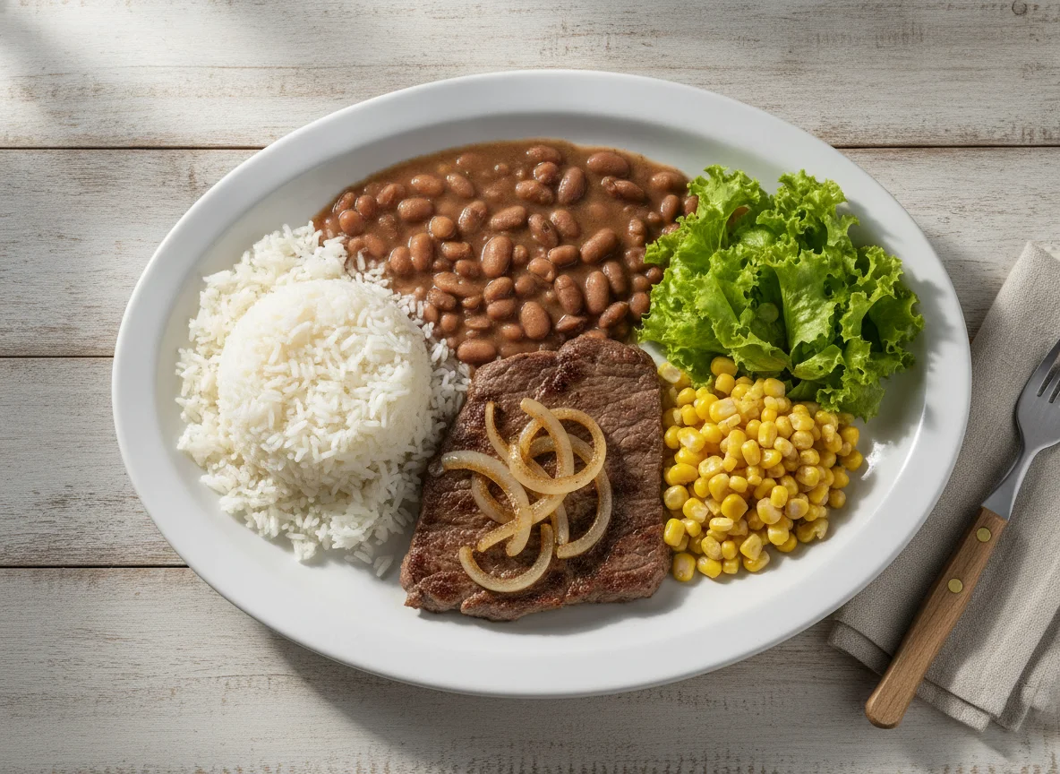 Prato feito brasileiro com bife, arroz, feijão, milho e salada photo