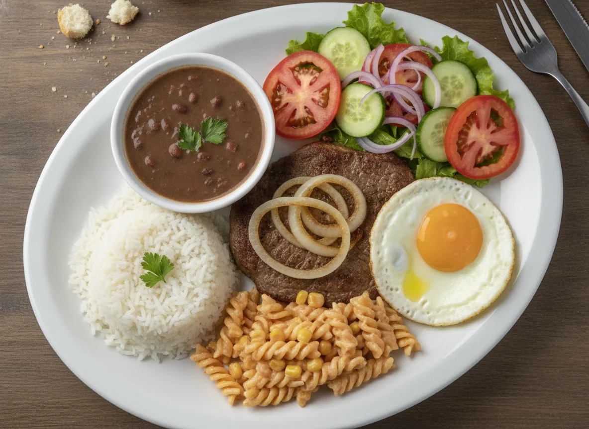 Prato feito brasileiro com bife, arroz, feijão, ovo e salada photo
