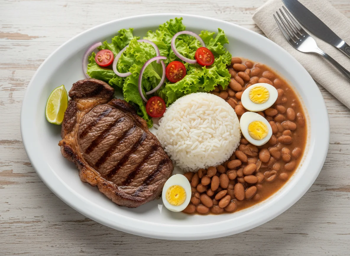 Prato feito brasileiro com bife, arroz, feijão, ovos de codorna e salada photo