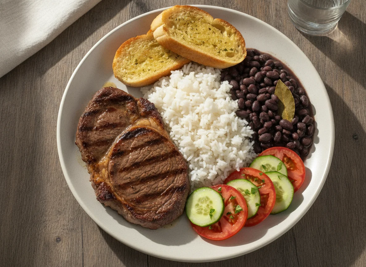 Prato feito brasileiro com bife, arroz, feijão, pão de alho e salada photo