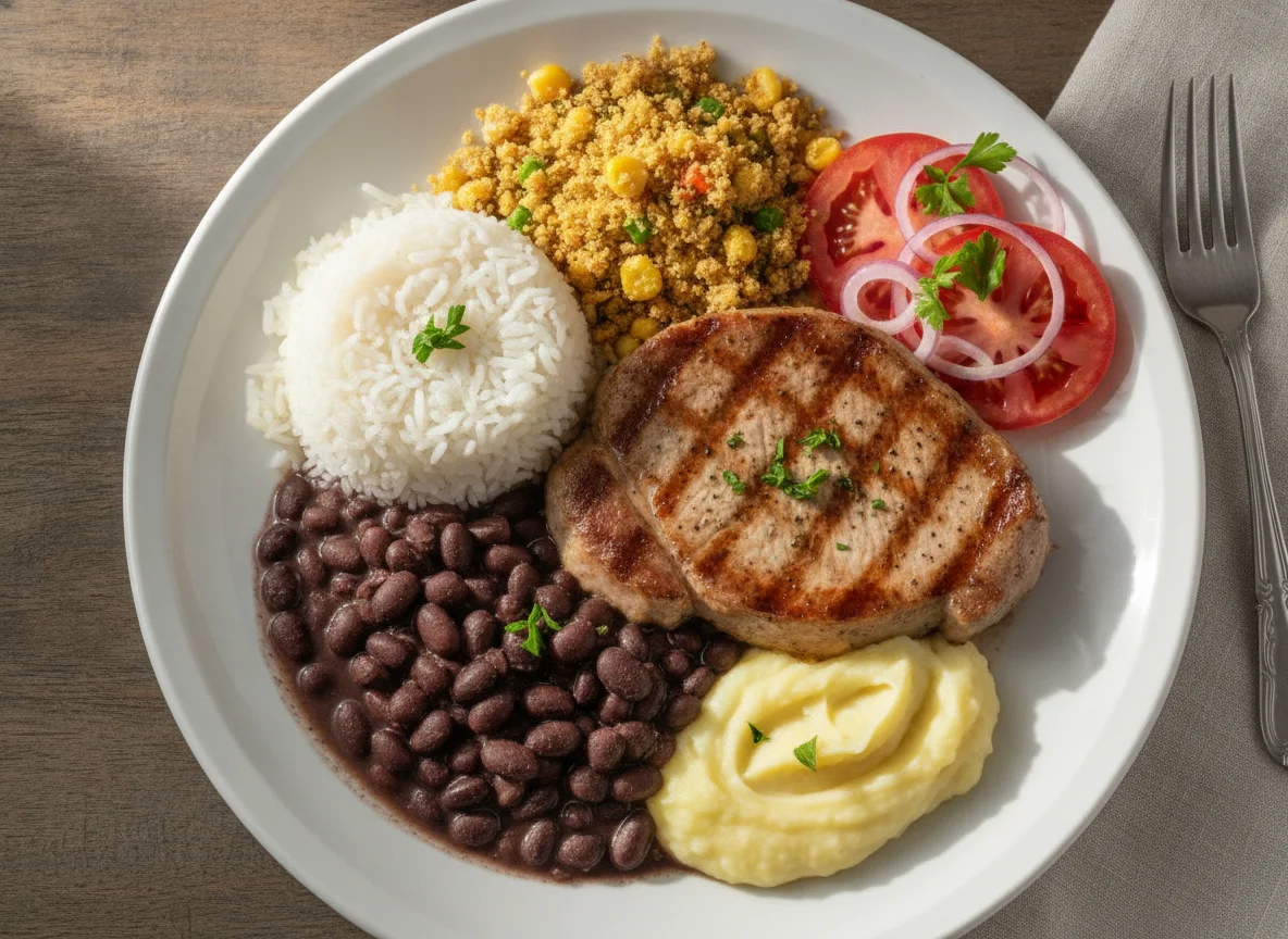Prato feito brasileiro com bife, arroz, feijão, purê e farofa photo
