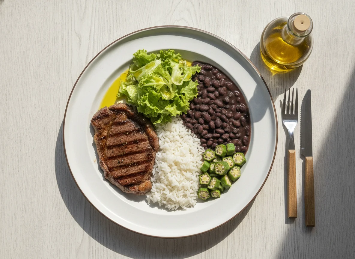 Prato feito brasileiro com bife, arroz, feijão, quiabo e salada photo