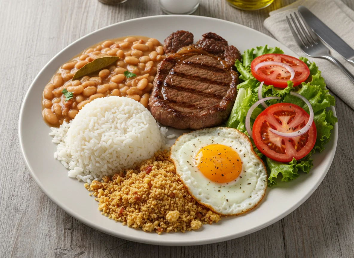 Prato feito brasileiro com bife, arroz, feijão, salada e farofa photo