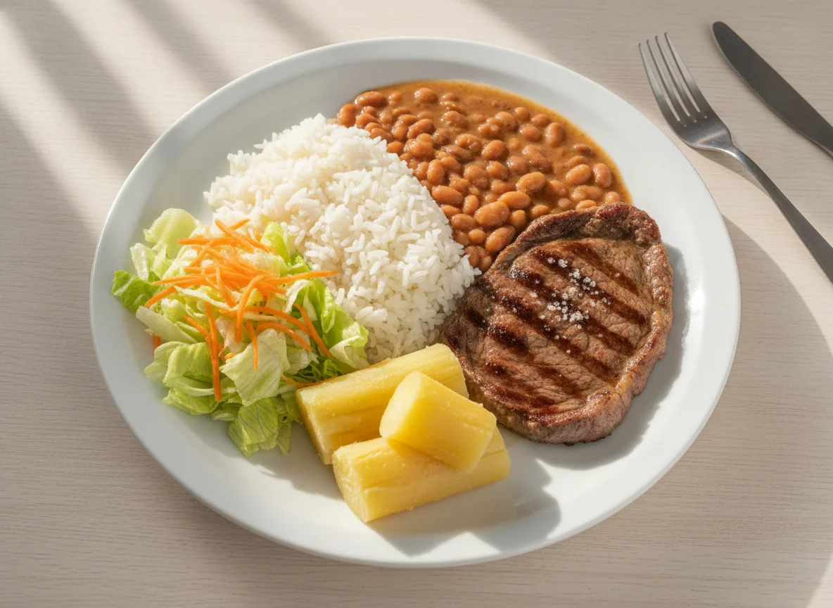 Prato feito brasileiro com bife, arroz, feijão, salada e mandioca photo