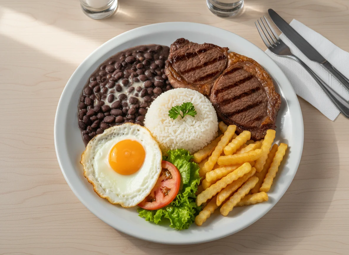 Prato feito brasileiro com bife, arroz, feijão, salada e batata frita photo