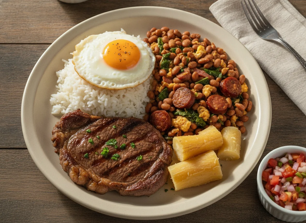 Prato Feito Brasileiro com Bife, Arroz, Feijão Tropeiro e Mandioca photo
