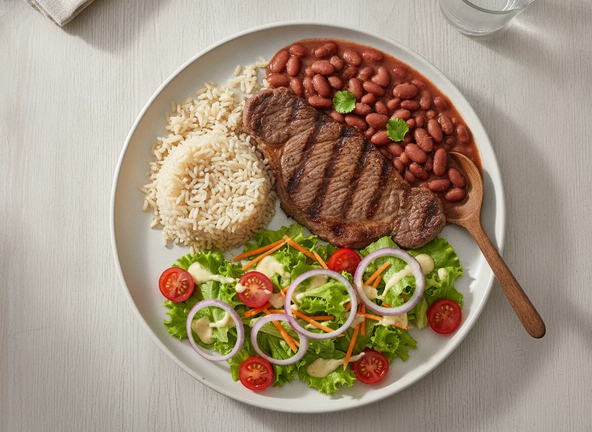 Prato Feito Brasileiro com Bife, Arroz Integral, Feijão e Salada photo