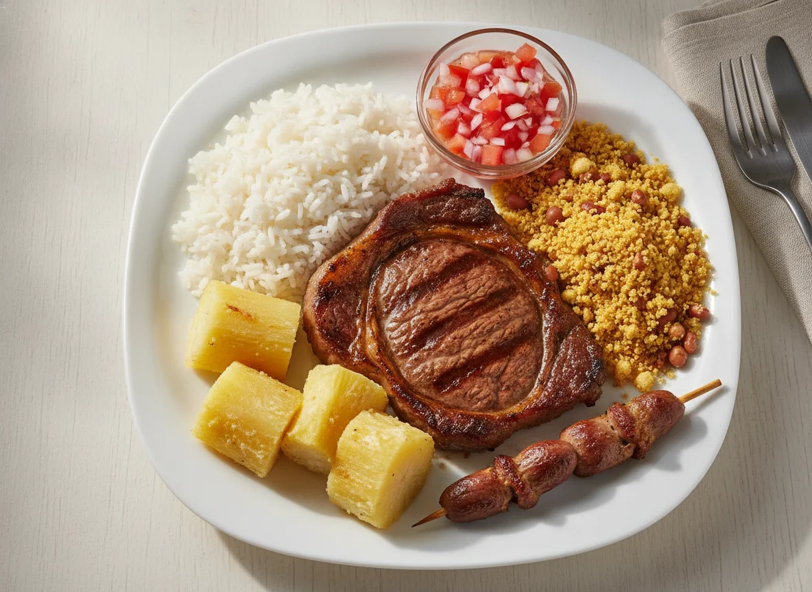 Prato Feito Brasileiro com Bife, Arroz, Mandioca e Farofa photo