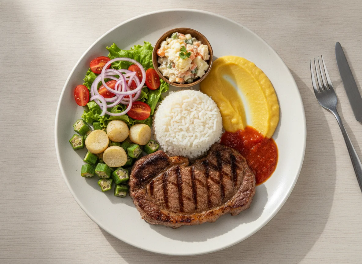 Prato feito brasileiro com bife, arroz, purê e salada photo