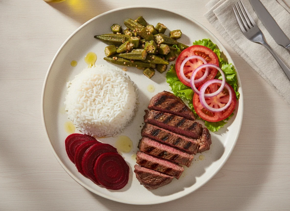 Prato feito brasileiro com bife, arroz, quiabo, beterraba e salada photo