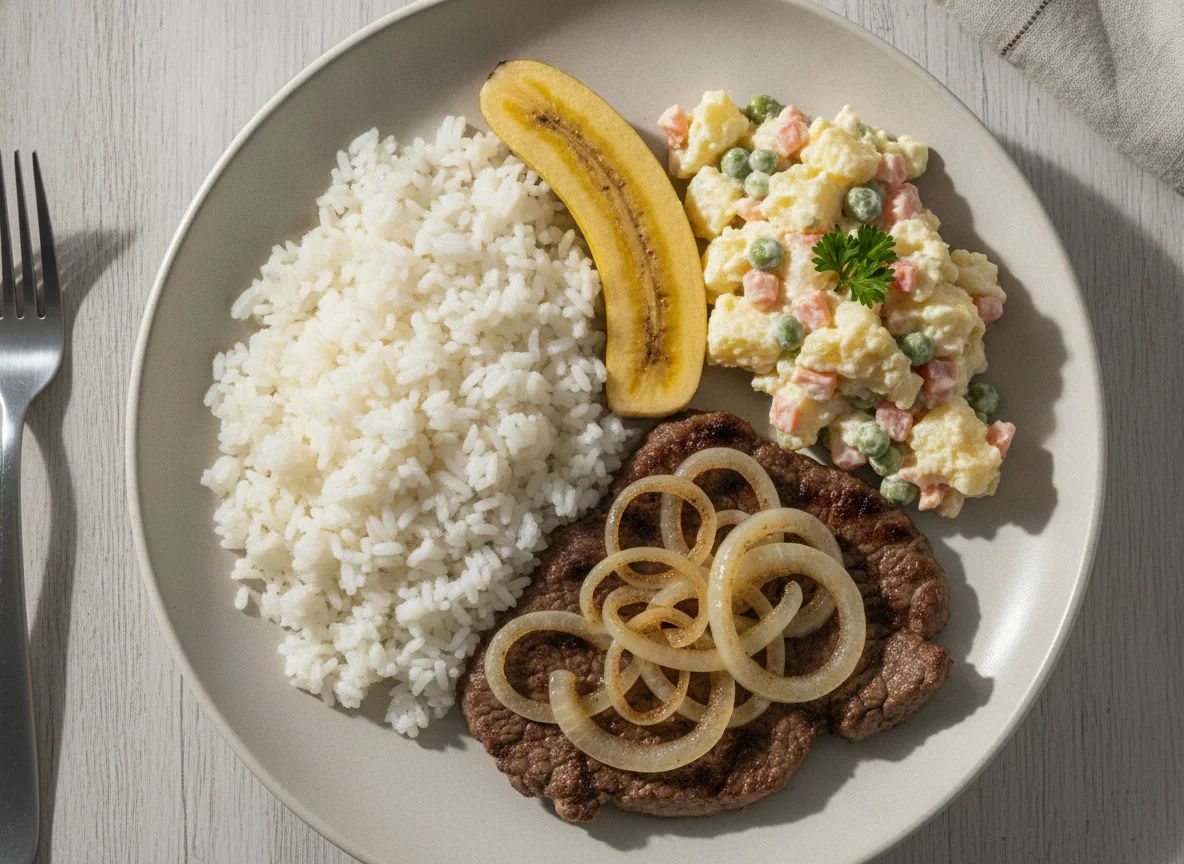 Prato Feito Brasileiro com Bife, Arroz, Salada e Banana photo