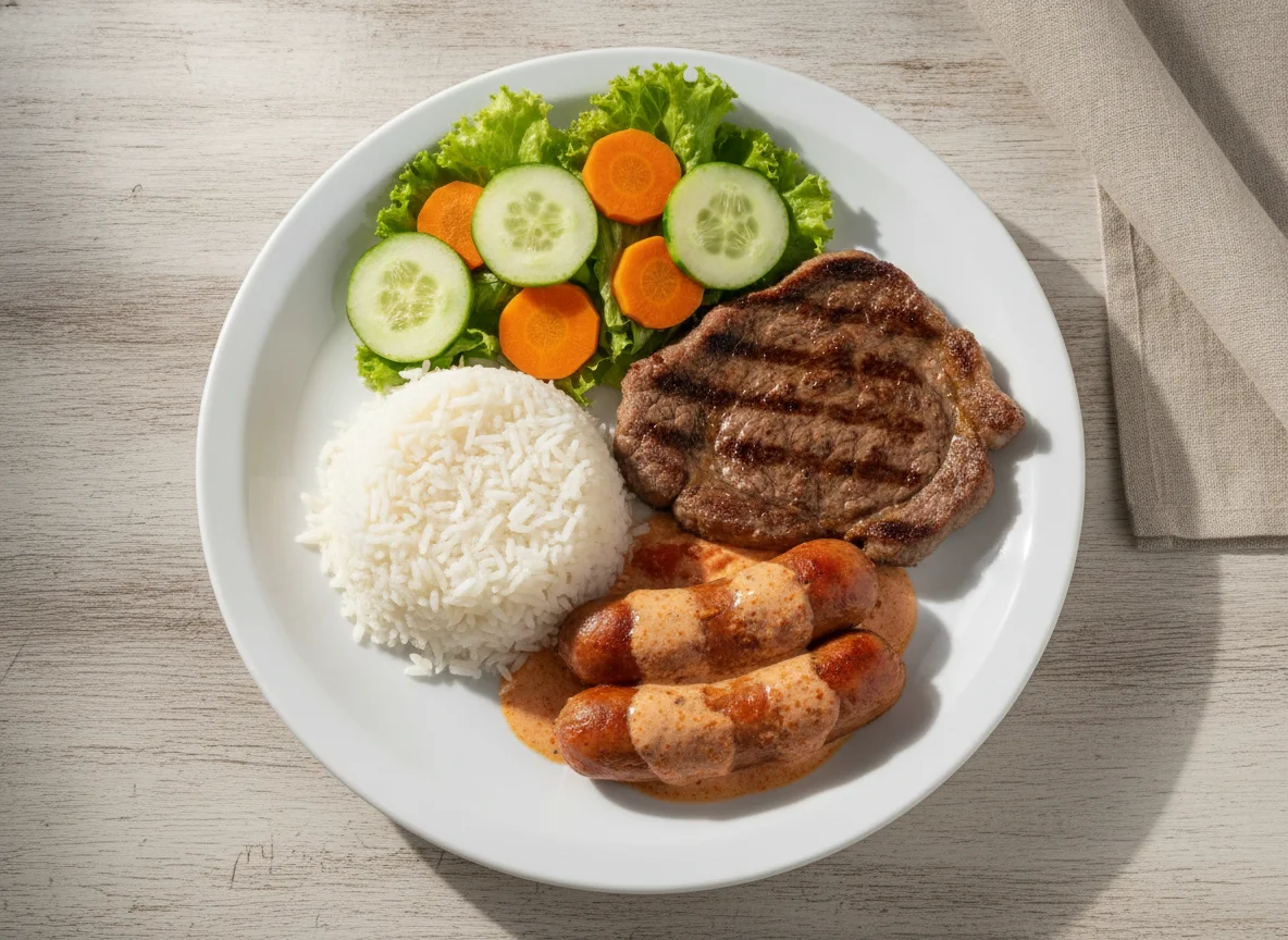Prato feito brasileiro com bife, arroz, salsicha ao molho e salada photo