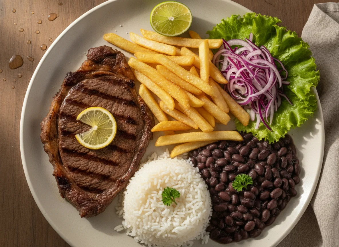 Prato Feito Brasileiro com Bife, Batata Frita, Arroz, Feijão e Salada photo