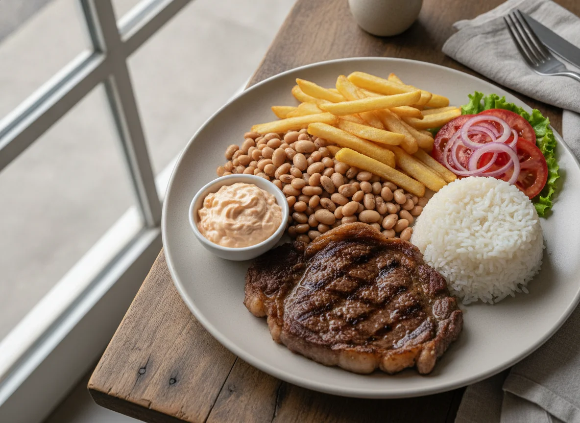 Prato Feito Brasileiro com Bife, Batata Frita e Feijão Fradinho photo