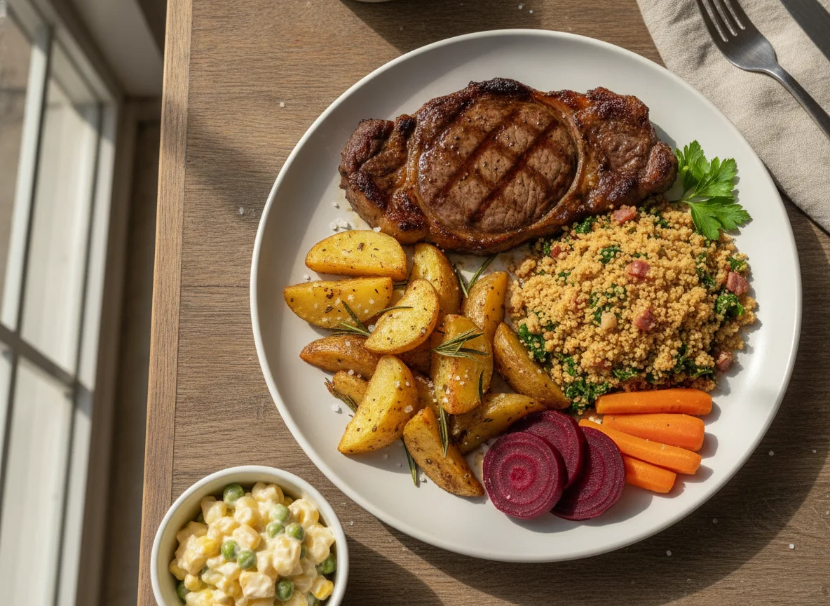 Prato Feito Brasileiro com Bife, Batata Rústica e Farofa photo
