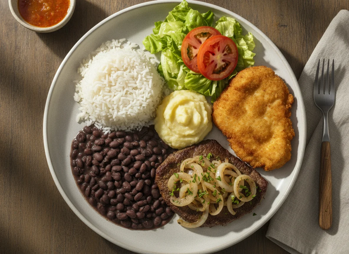 Prato Feito Brasileiro com Bife de Fígado Acebolado e Filé de Frango Empanado photo