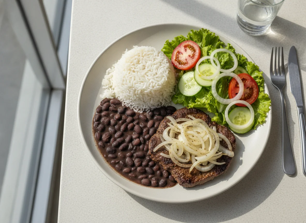 Prato feito brasileiro com bife de fígado, arroz, feijão e salada photo