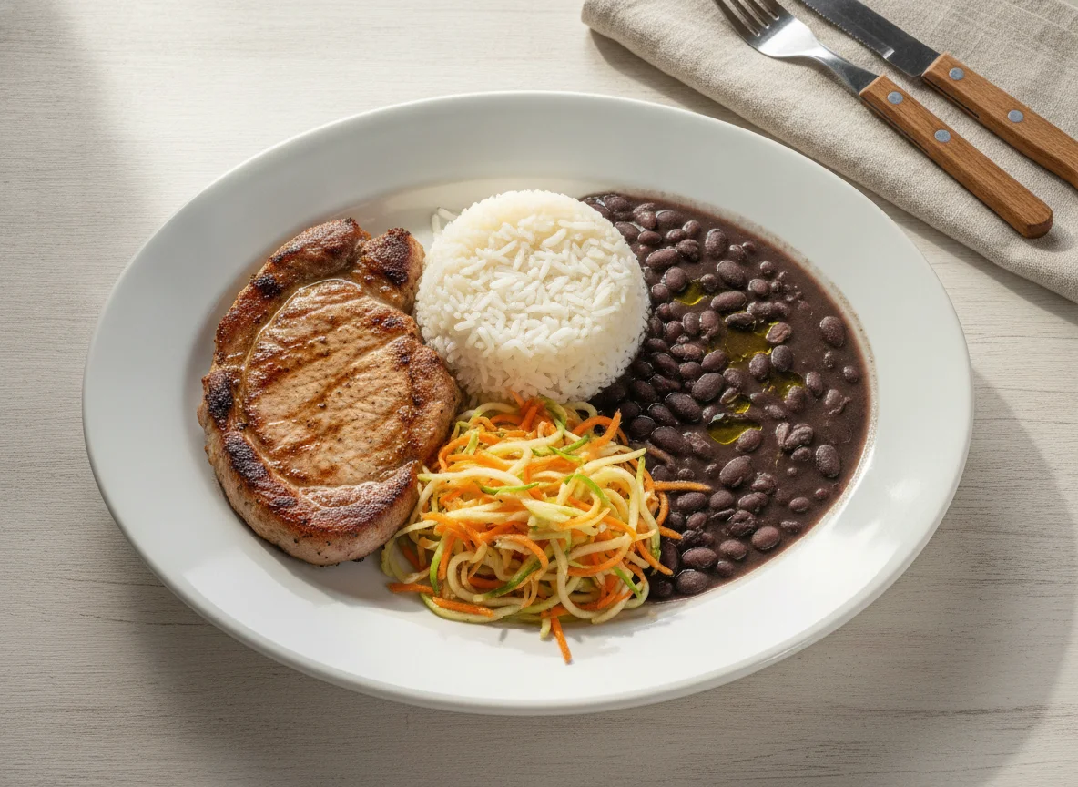 Prato feito brasileiro com bife de porco, arroz, feijão e salada de legumes photo
